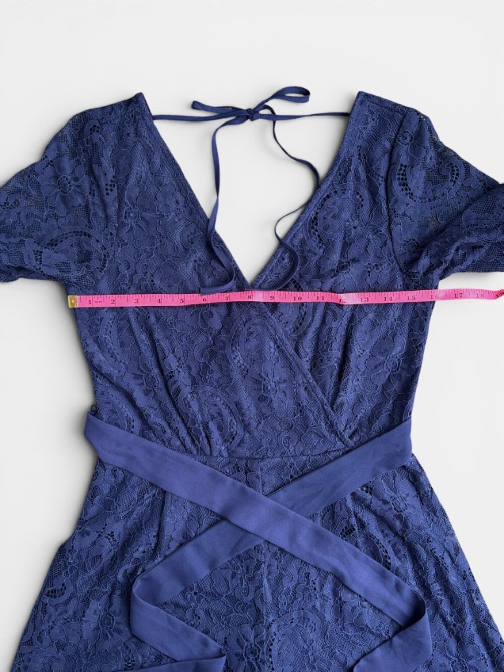 Blue Rain Navy Blue Lace Romper Wrap Front Tie Waist Flutter Sleeve Size Small - Picture 12 of 16